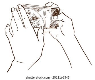 Sketch of human hands holding smartphone taking photo. Doole Vector illustration