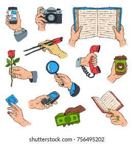 Sketch human hands vector arms holdings objects and showing items people handle body part gesture presentation concept illustration. Communication gesturing characters advertising marketing.