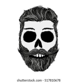 Sketch of human skull with a mustache and beard. Hipster style. Stock vector illustration.
