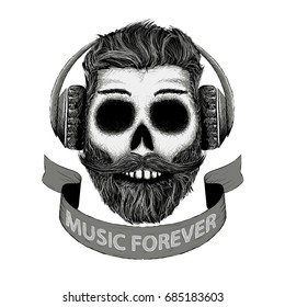 Sketch of human skull with a mustache and beard in headphones. Hipster design print on the t-shirt. Dj music icon in hand drawn style. Stock vector illustration.