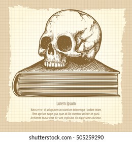 Sketch of human skull on book vector. Esoteric concept on vintage background