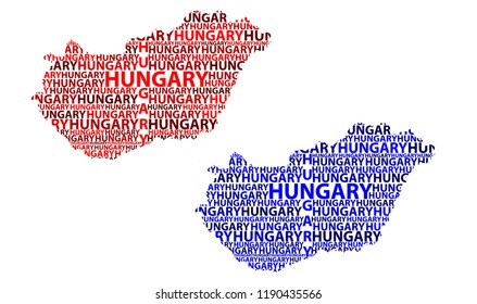 Sketch Hungary letter text map, Republic of Hungary - in the shape of the continent, Map Hungary - red and blue vector illustration