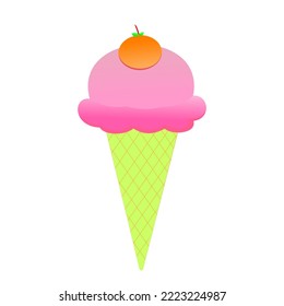 Sketch ice cream cone in light green and pink with a swirl  of ice cream with cherry topping