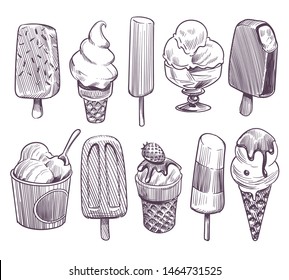 Sketch ice cream. Different bowls with ice cream, eskimo with chocolate glaze. Wafer cone sundae whipped fruit cream. Retro vector delicious honey restaurant drawings with nut set