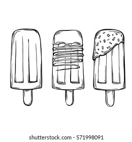 Sketch Ice cream. Fruit ice lolly with chocolate, glaze on a stick. Hand drawn illustration on white background