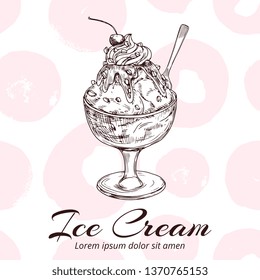 Sketch of ice cream in glass bowl vector illustration. Ice cream sketch with fruit