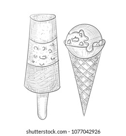 Sketch ice cream for menu and cafe design. Food decoration. 