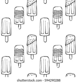 Sketch Ice cream Pattern. Fruit ice lolly with chocolate, glaze on a stick. Hand drawn seamless illustration on white background