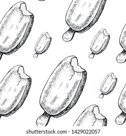 Sketch ice cream pattern. Hand drawn seamless background with sketch style popsicle ice creams. Monochrome vector backdrop.