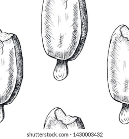Sketch ice cream pattern. Hand drawn seamless background with sketch style popsicle ice creams. Monochrome vector backdrop.