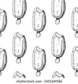 Sketch ice cream pattern. Hand drawn seamless background with sketch style popsicle ice creams. Monochrome vector backdrop.