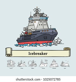 Sketch Icebreaker Ilya Muromets vector illustration. Coloring book with doodle ship. Handmade ice sea ship.