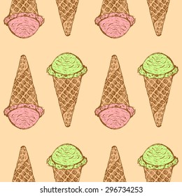Sketch ice-cream cone in vintage style, vector seamless pattern
