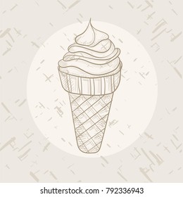 Sketch ice-cream with a retro effect. Sweet wafer cone, delicious and fresh summer dessert. Hand drawn style.