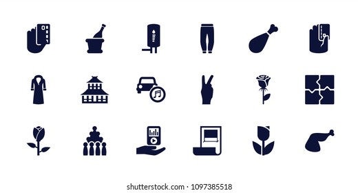 Sketch icon. collection of 18 sketch filled icons such as rose, temple, overcoat, puzzle, bowling, tulip, car music. editable sketch icons for web and mobile.