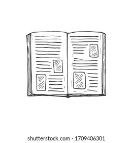 Icono de esbozo de libro abierto. Ilustración dibujada a mano por vectores del libro