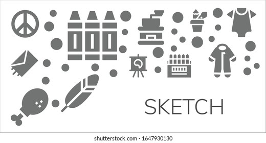sketch icon set. 11 filled sketch icons.  Simple modern icons such as: Peace sign, Crayon, Send, Canvas, Chicken leg, Colored pencils, Coffee grinder, Feather, Pencil case, Pijama