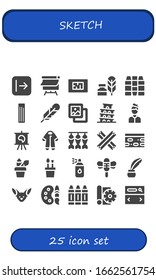 sketch icon set. 25 filled sketch icons.  Simple modern icons such as: Send, Canvas, Blueprint, Writing tool, Crayons, Churros, Feather, Background, Pisa, Artist, Pijama, Dried fish