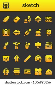 sketch icon set. 26 filled sketch icons.  Simple modern icons about  - Feather, Dried fish, Send, Writing tool, Hang gliding, Woods, Sketch, Comic, Coffee grinder, Canvas, Inkwell