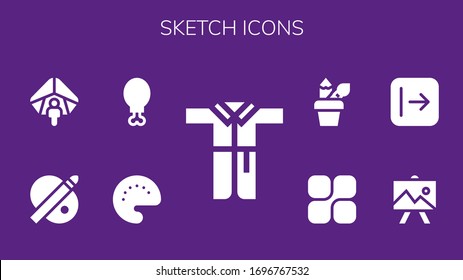 sketch icon set. 9 filled sketch icons.  Simple modern icons such as: Bathrobe, Palette, Chicken leg, Hang gliding, Drawing, Send, Mozy, Pencil case