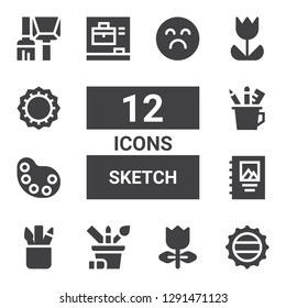 sketch icon set. Collection of 12 filled sketch icons included Bottle cap, Tulip, Pencil case, Binding, Palette, Blackboard, Brush, Sad