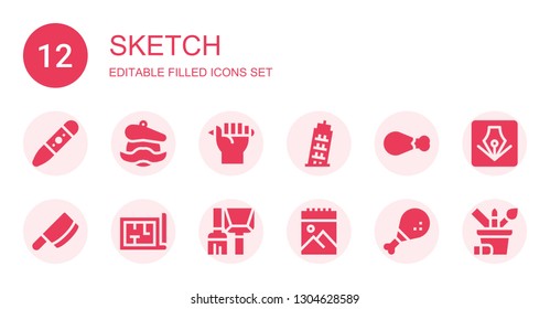 sketch icon set. Collection of 12 filled sketch icons included Crayon, Artist, Drawing, Pisa, Chicken leg, Cleaver, Architecture, Brush, Sketchbook, Illustrator draw, Pencil case