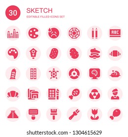 sketch icon set. Collection of 30 filled sketch icons included Draw, Palette, Sad, Pagan, Crayons, Paint palette, Aviary, Potato, Artist, Pisa, Watercolor, Tortoise, Color palette