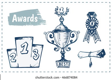 Sketch icons - awards, trophy, first, podium winners. Isolated vector. For design of diploma & certificates in school competitions & Olympiads. cartoon style