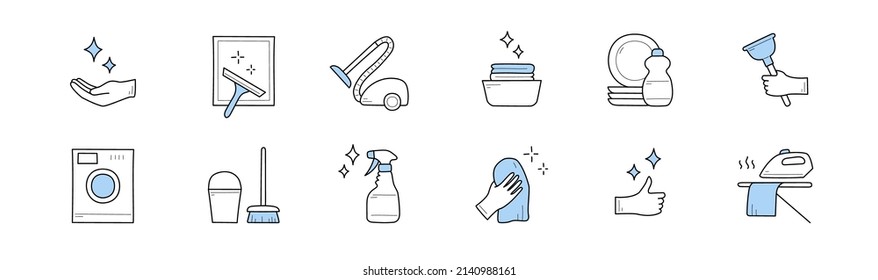 Sketch Icons Of Cleaning Service With Vacuum Cleaner, Bucket, Broom, Spray And Washing Machine. Vector Set Of Hand Drawn Signs Of Professional Housework And Laundry