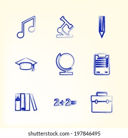 Sketch with icons for education. Blue ink outline vector icons for school or college education.