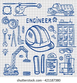 Sketch Icons Engineer drawing style. Engineer icons set. Engineer icons. Vector illustration