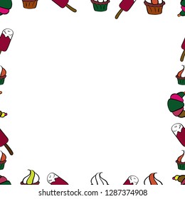 Sketch icons for invitation, flyer, poster. Picture in red, white and black colors. Hand-drawn doodle frames. Vector. Seamless.