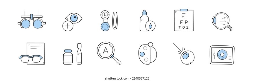 Sketch icons of ophthalmology, optometry with eye, vision test chart, contact lenses, drops and glasses. Vector hand drawn symbols of eyesight health care, oculist medical exam