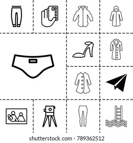 Sketch icons. set of 13 editable outline sketch icons such as paper plane, heel sandals, underpants, theodolite, family photo, credit card in hand, man swim wear, overcoat