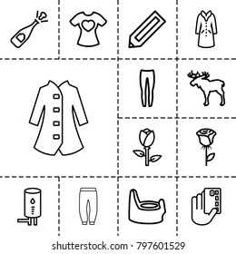 Sketch icons. set of 13 editable outline sketch icons such as rose, moose, pencil, baby potty, underpants, overcoat, opened champagne, credit card in hand, t-shirt with heart