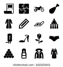 Sketch icons. set of 16 editable filled sketch icons such as rose, plan, pencil, heel sandals, overcoat, bowling, biliard triangle, office supply, geyser, motorbike