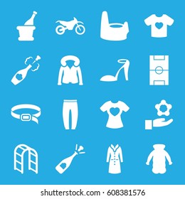 Sketch icons set. set of 16 sketch filled icons such as baby potty, heel sandals, underpants, belt, overcoat, opened champagne, playground ladder, t-shirt with heart
