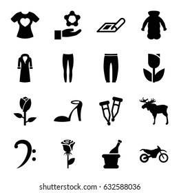 Sketch icons set. set of 16 sketch filled icons such as rose, moose, plan, heel sandals, underpants, overcoat, t-shirt with heart, pipette, bass clef, champagne, motorbike