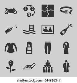 Sketch icons set. set of 16 sketch filled icons such as rose, plan, overcoat, underpants, blouse, belt, puzzle, opened champagne, injection rash, office supply, motorbike
