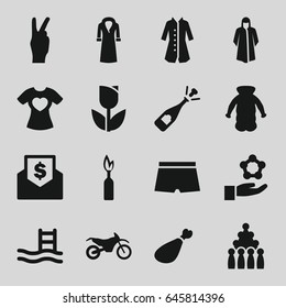 Sketch icons set. set of 16 sketch filled icons such as overcoat, opened champagne, meat leg, t-shirt with heart, motorbike, man swim wear, dynamite, peace