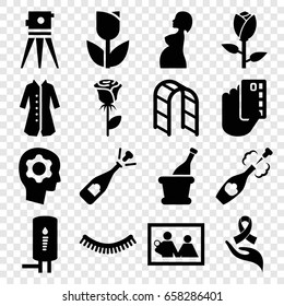 Sketch icons set. set of 16 sketch filled icons such as rose, eyelash, overcoat, theodolite, opened champagne, playground ladder, pregnant woman, ribbon on hand, champagne