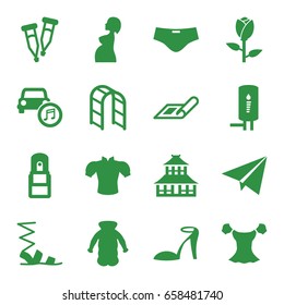 Sketch icons set. set of 16 sketch filled icons such as rose, plan, temple, heel sandals, sandals, blouse, overcoat, playground ladder, pipette, pregnant woman, car music