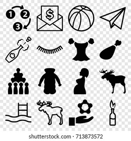 Sketch icons set. set of 16 sketch filled and outline icons such as moose, blouse, overcoat, meat leg, pregnant woman, 1 2 3, atom in hand, eyelash, basketball, champagne