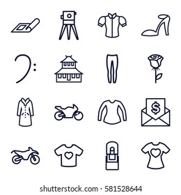 sketch icons set. Set of 16 sketch outline icons such as plan, temple, heel sandals, underpants, blouse, overcoat, theodolite, t-shirt with heart, bass clef, office supply