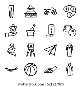 Sketch icons set. set of 16 sketch outline icons such as plan, temple, eyelash, overcoat, underpants, theodolite, basketball, ribbon on hand, car music, champagne, geyser