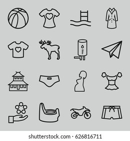 Sketch icons set. set of 16 sketch outline icons such as moose, temple, baby potty, blouse, overcoat, basketball, t-shirt with heart, pregnant woman, geyser, paper plane