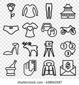 Sketch icons set. set of 16 sketch outline icons such as moose, temple, heel sandals, underpants, blouse, overcoat, theodolite, t-shirt with heart, car music, champagne, 1 2 3