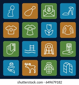 Sketch icons set. set of 16 sketch outline icons such as moose, heel sandals, blouse, overcoat, meat leg, playground ladder, t-shirt with heart, pregnant woman, ribbon on hand