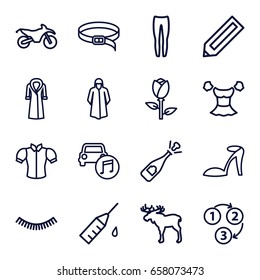 Sketch icons set. set of 16 sketch outline icons such as moose, rose, pencil, eyelash, heel sandals, overcoat, underpants, blouse, belt, injection rash, car music, 1 2 3