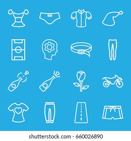 Sketch icons set. set of 16 sketch outline icons such as runway, rose, underpants, blouse, belt, meat leg, t-shirt with heart, champagne, gear in head, man swim wear